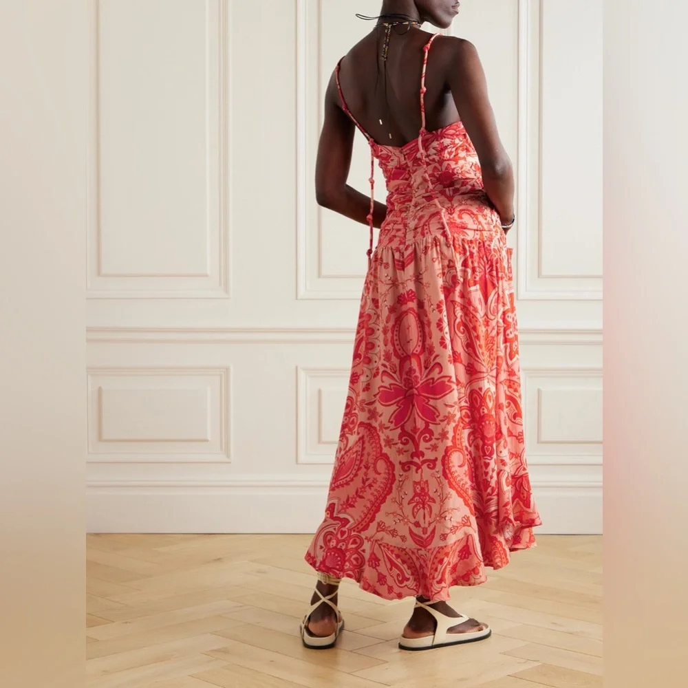 NWOT Farm Rio Red Jaipur Ruched Printed Linen Maxi Dress, Size XS - Picture 3 of 4